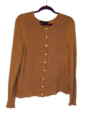 Peruvian Connection Terraco Orange Pima Cotton Pointelle Cardigan Sweater XL